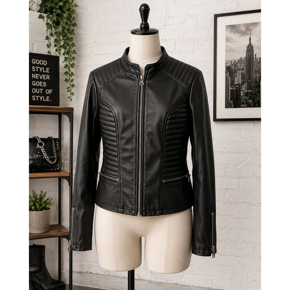 Real Leather Black Moto Jacket Medium Quilted Biker grunge Y2K